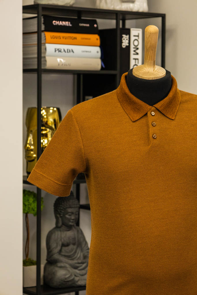 Men's polo shirt crafted from Italian structured "honeycomb" Brown